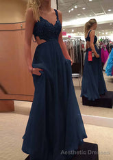 A-line/Princess V Neck Sleeveless Long/Floor-Length Chiffon Prom Dresses With Lace Beading